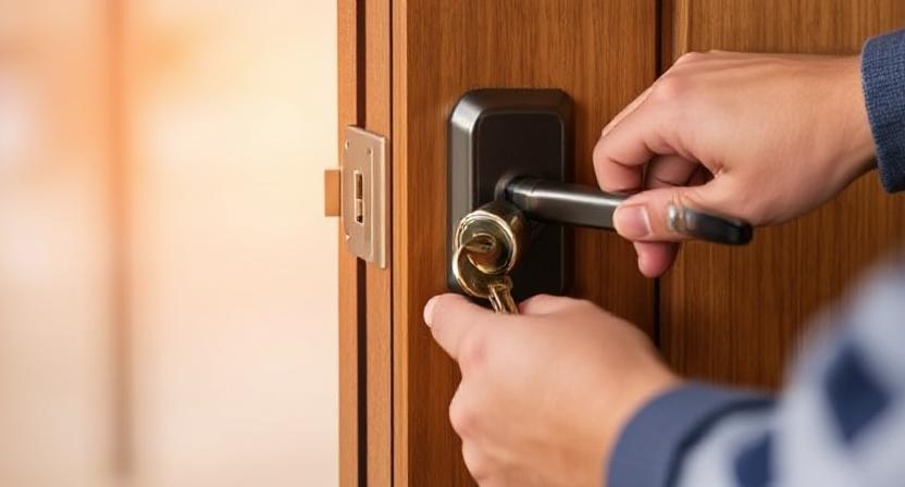 Locksmith fitting a deadbolt on a wooden entry door