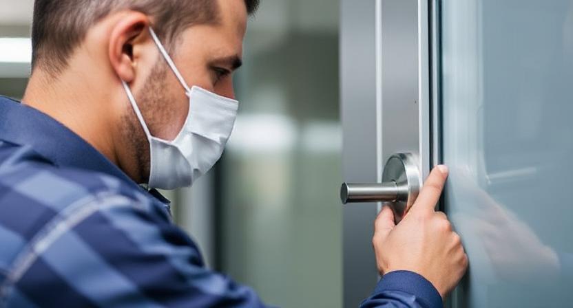 Locksmith repairing a commercial door handle